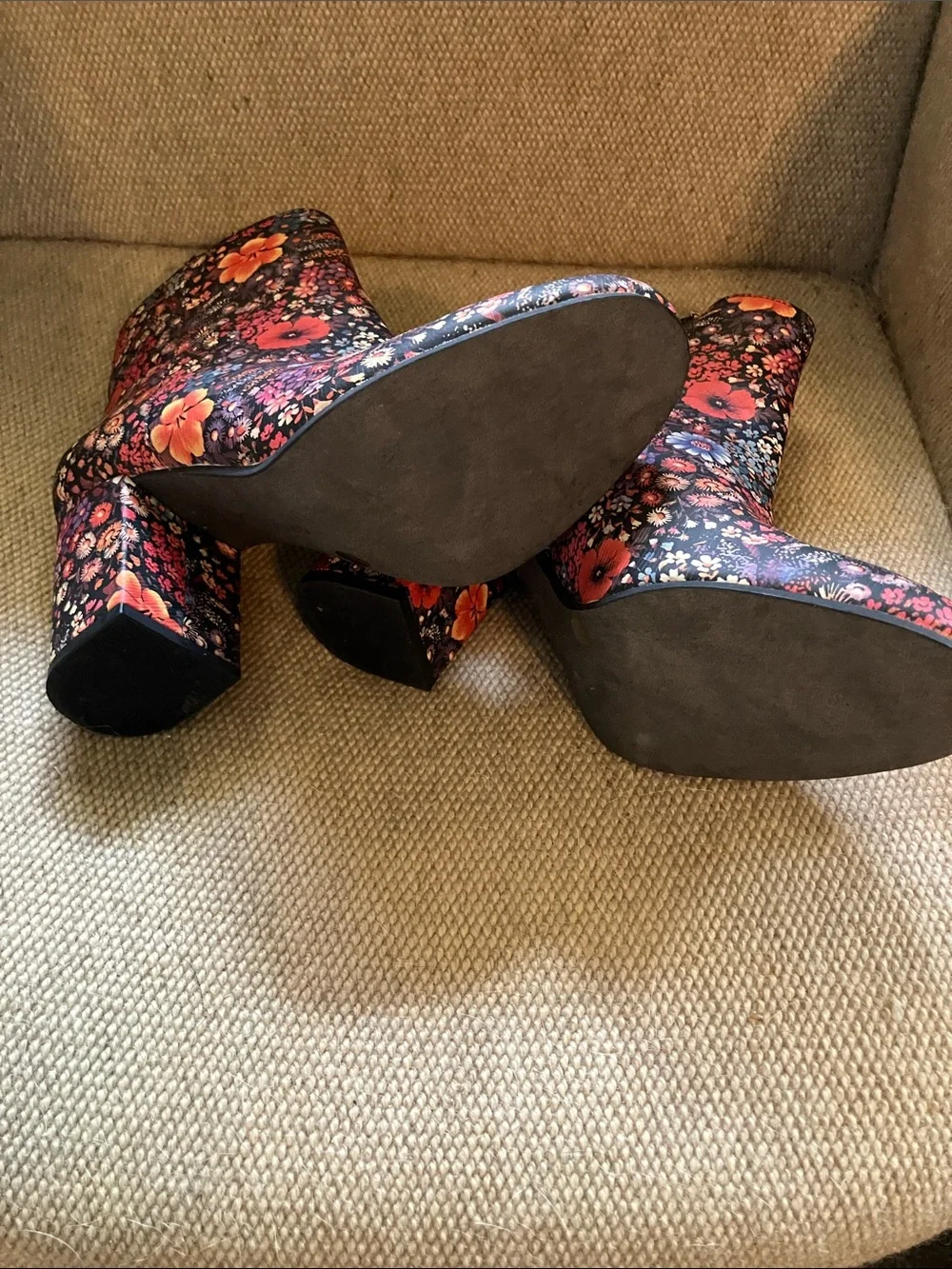 Lucky Brand Black Floral Ankle Boots with Orange & Pink Accents
